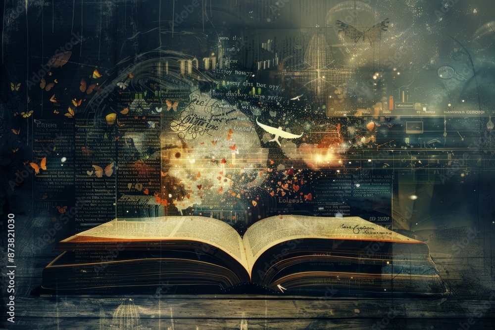 Poster an open book rests on a table, ready to be read or studied, an abstract representation of the concep