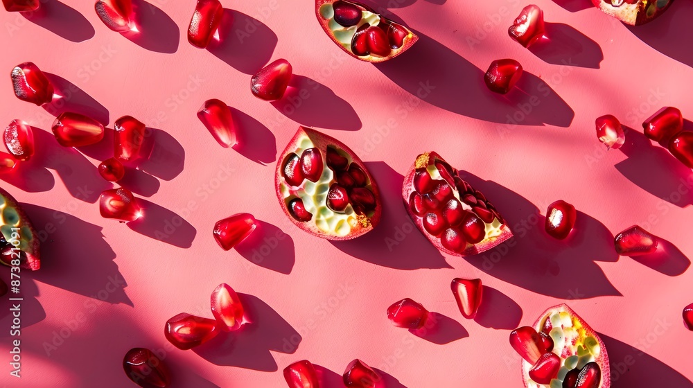 Wall mural pomegranate seeds on pink background.