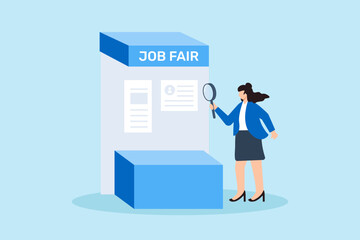 Businesswoman holding magnifying glass standing near job fair detailed candidate search finding talent focused recruitment meticulous hiring