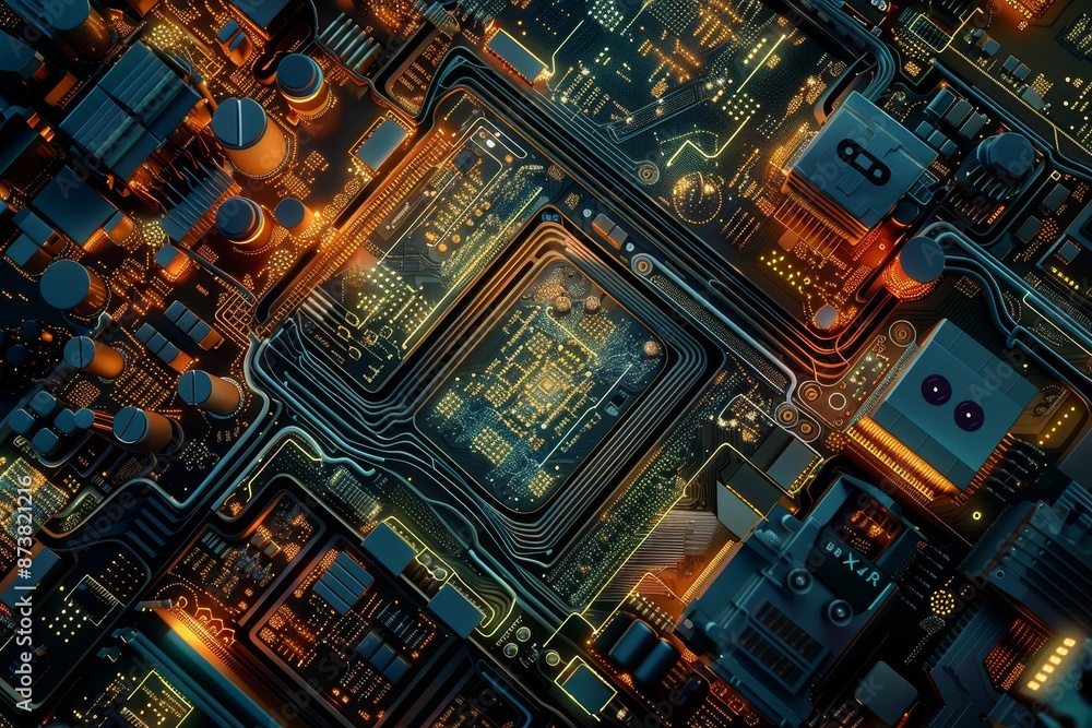 Poster a computer-generated cityscape illuminated by artificial lights at night, an abstract representation