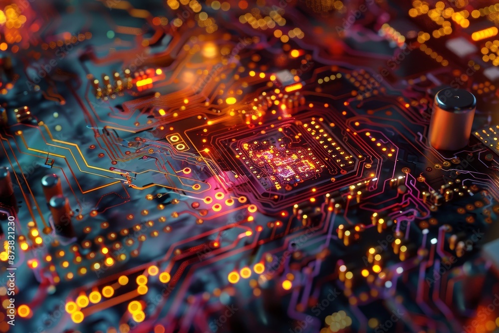 Poster detailed view of a computer circuit board showing intricate patterns and components, an abstract rep