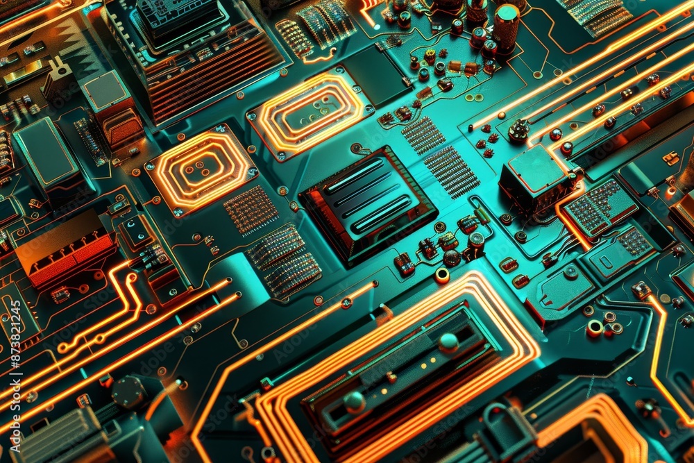 Poster detailed close-up of a computer motherboard showing circuits, transistors, capacitors, and other ele