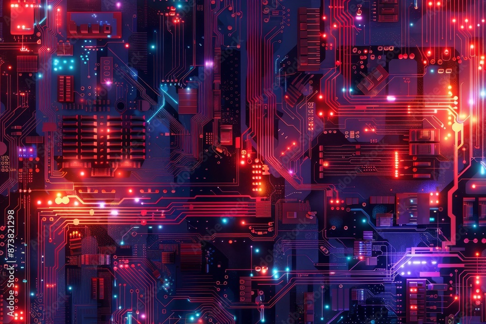 Poster a computer circuit board glowing with various colored lights, an abstract representation of the inne