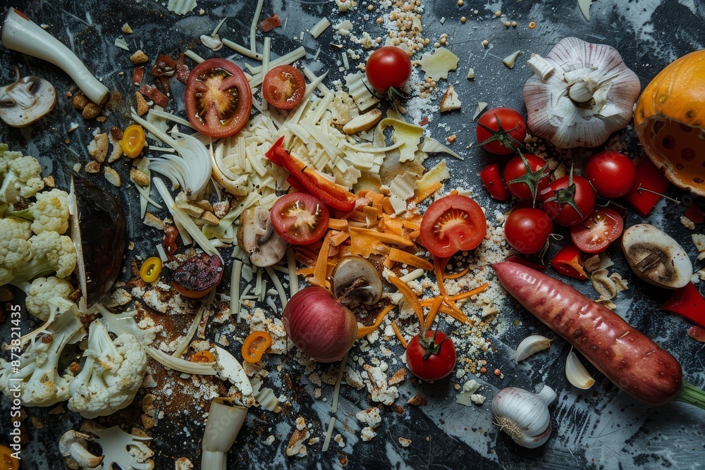 Aufkleber a table displaying an array of different types of vegetables, an abstract representation of wasted f