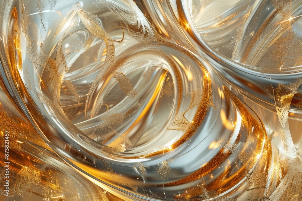 Poster detailed view of a glass object featuring intricate gold and silver swirl patterns, an abstract repr