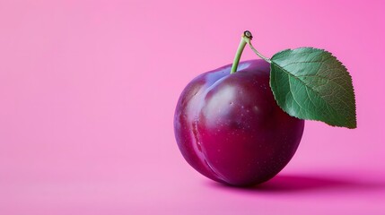 Plum with Leaf on Pink Background.
