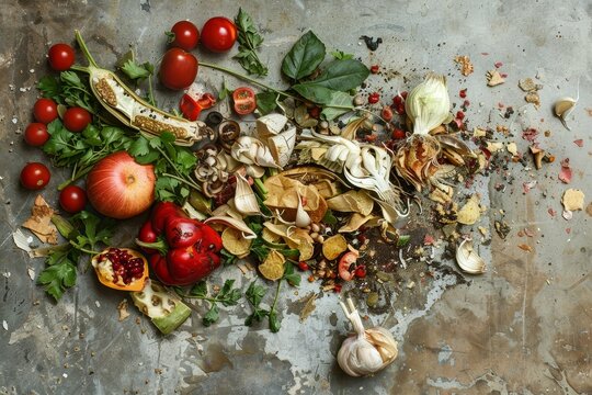 A collection of various food items spread out on a table in a casual setting, An abstract representation of wasted food in various stages of decay - Powered by Adobe