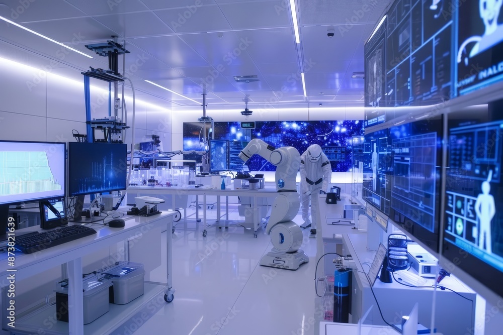 Poster a room filled with computers and robots in an advanced laboratory setting, an advanced laboratory fi