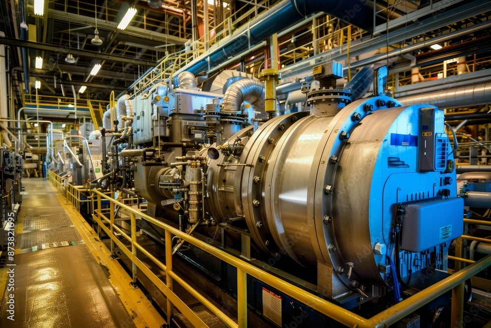 Poster a large machine operating in an advanced power generation plant filled with activity and energy, an 