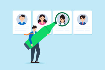 Vector illustration of businessman highlighting candidate profile with green marker marking top talent recognizing excellence standout candidates visual recognition
