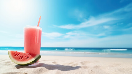 beautiful beach with a slice watermelon and a glass of juice