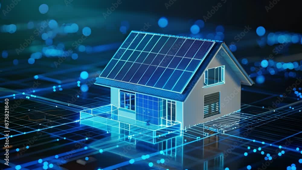 Poster a smart home boasting a shiny modern solar panel array connected to the latest 5g network reducing t