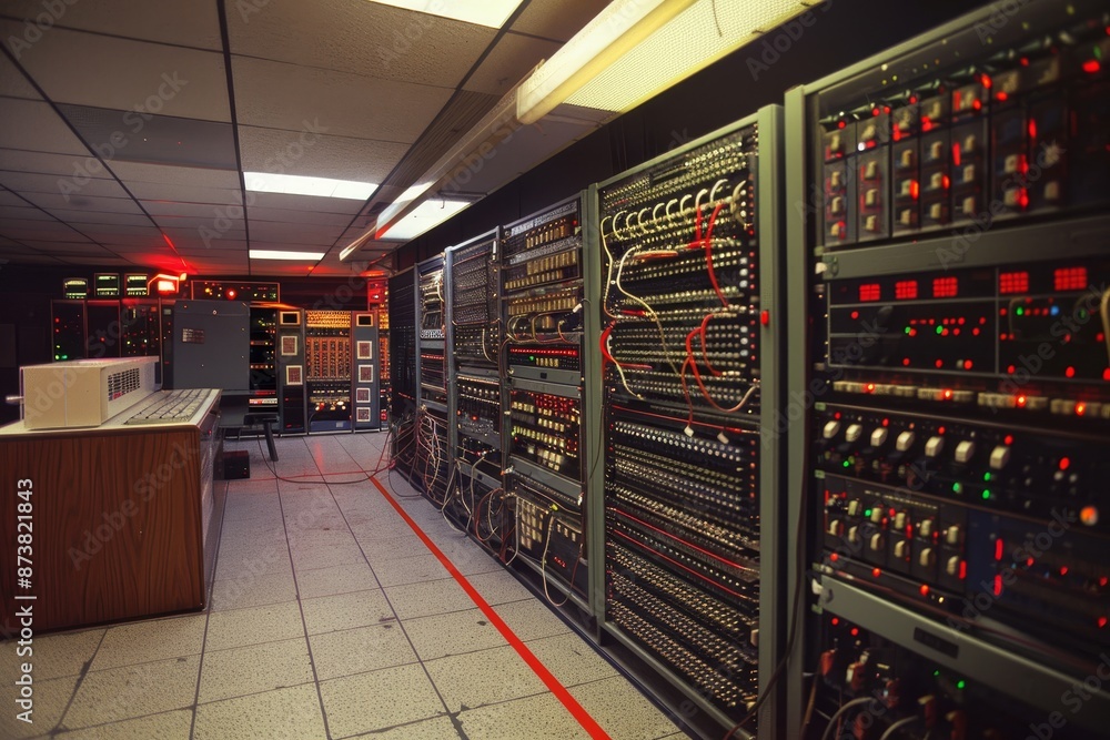 Poster a room packed with various electronic devices and equipment, wires connecting the machines, an advan