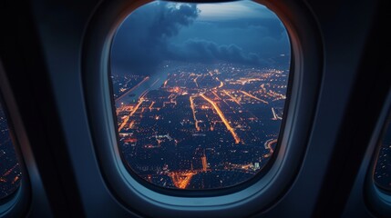 Naklejka premium A straight on shot of an airplane window showing a dusk city night view