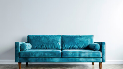 Turquoise sofa in spacious room against blank white wall with copy space. Scandinavian interior design of modern living room, home