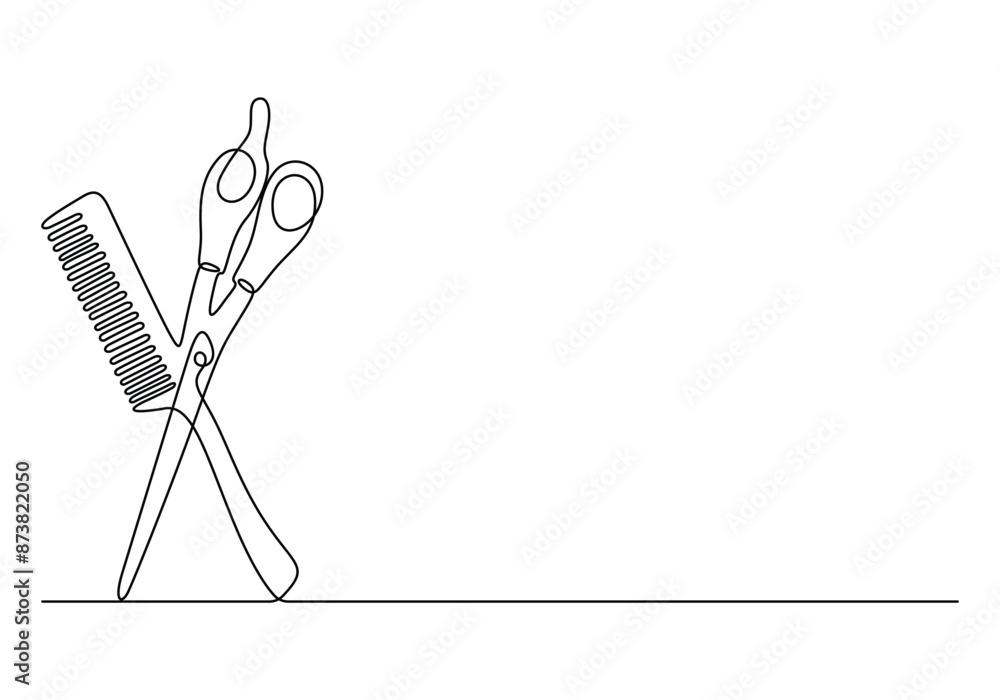 Poster scissor and comb continuous one line drawing vector illustration. pro vector