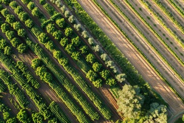 A cluster of trees seen from above in a vast field, showcasing natures beauty, An aerial view of a smart irrigation system optimizing water usage in a large agricultural field