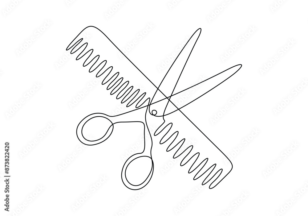Poster scissor and comb continuous one line drawing vector illustration. pro vector