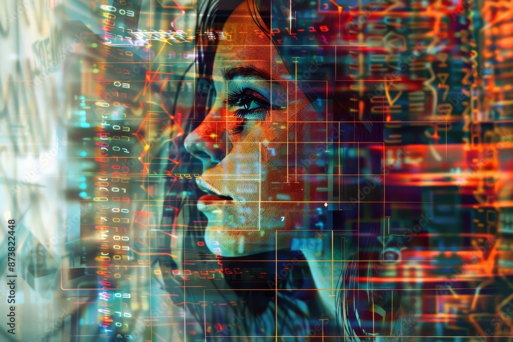 Poster a digital representation of a womans face displayed on a screen, an ai art generator creating visual