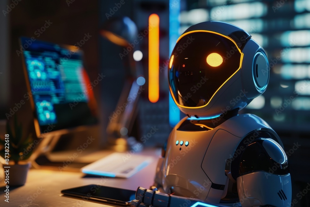 Poster a robot is seated in front of a computer monitor, analyzing data and performing tasks, an ai-powered