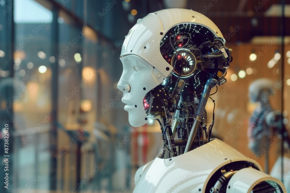 Poster a robot is standing in front of a window, observing the outside view, an ai-powered algorithm analyz