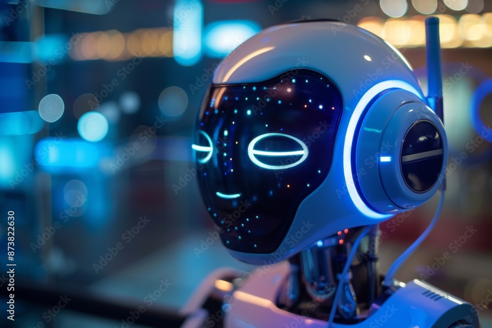 Poster a robot standing alone in a dark environment, an ai-powered chatbot that assists with customer servi
