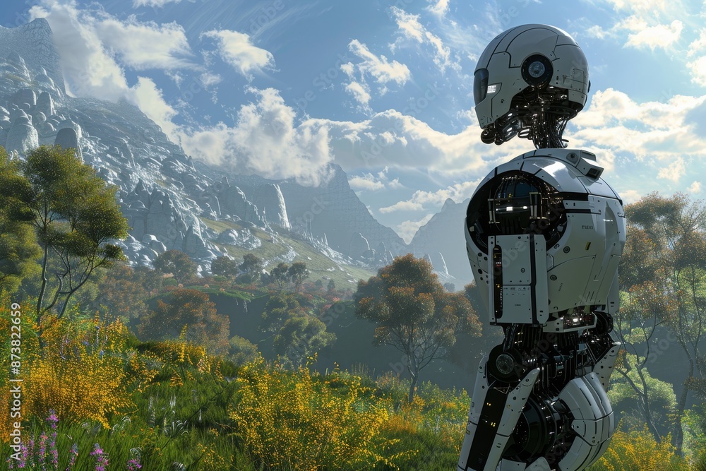 Poster an ai-powered robot stands on a vibrant, green field under the clear sky, an ai-powered robot explor
