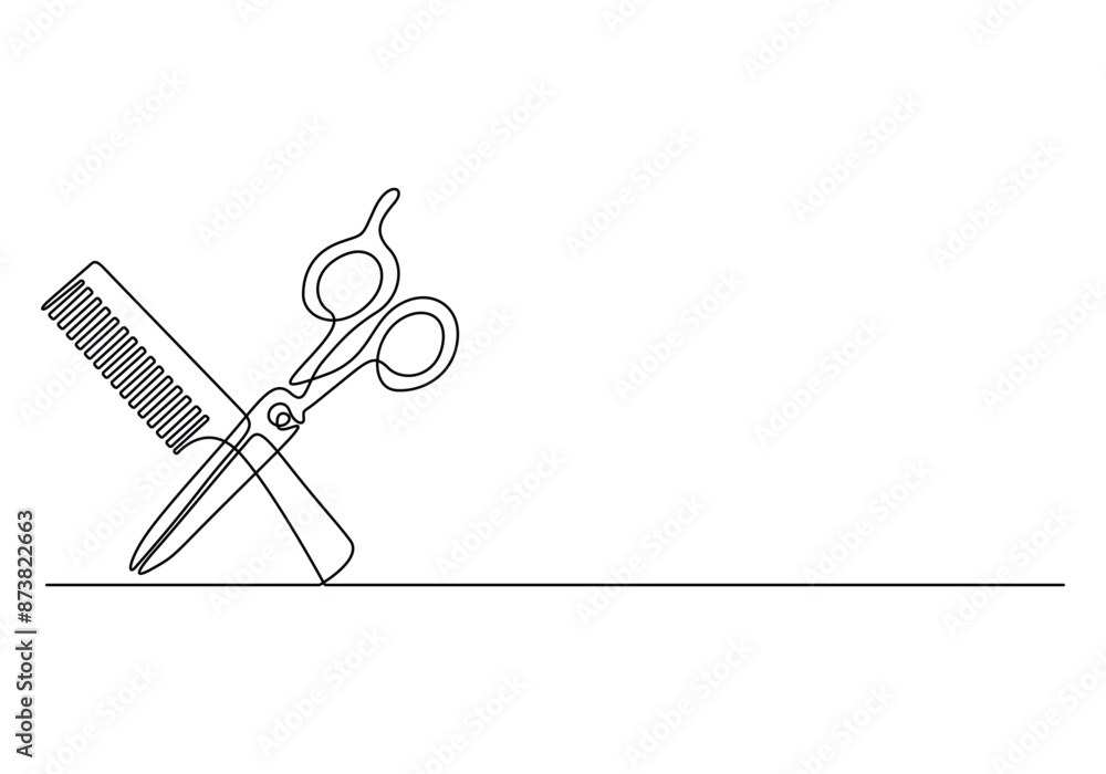 Poster scissor and comb continuous one line drawing vector illustration. pro vector
