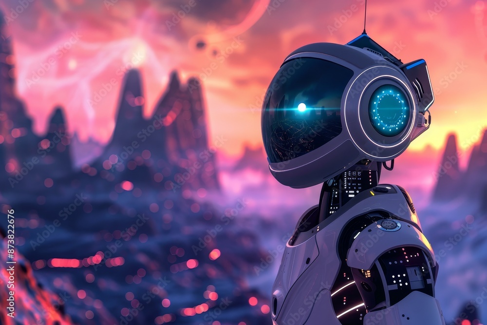 Poster a robotic being gazes out over a futuristic cityscape filled with advanced structures and technology