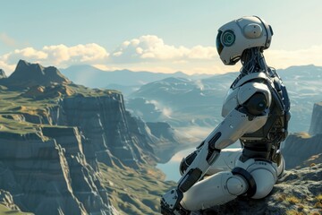 An AI-powered robot sits atop a mountain peak in a virtual reality landscape, An AI-powered robot exploring a virtual reality landscape