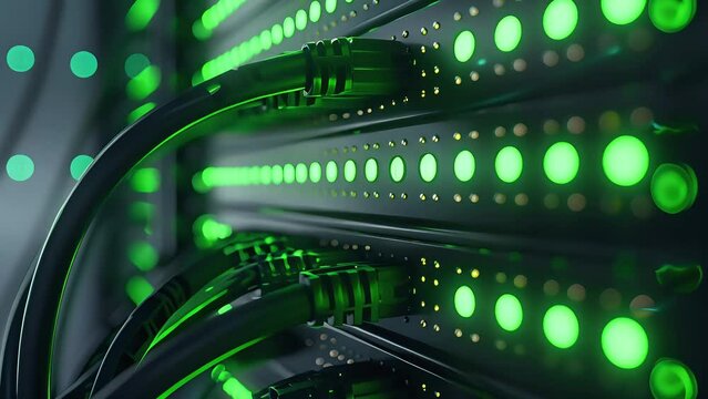 Centralized network switch with pulsing green activity lights. Digital connectivity background video