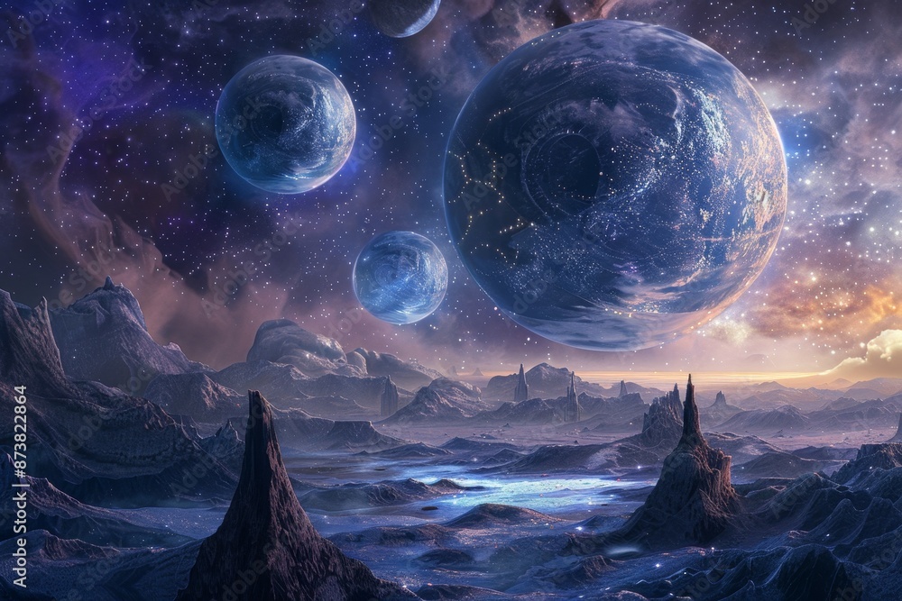 Poster alien planets with multiple moons soar through the sky in a mesmerizing display, an alien planet wit