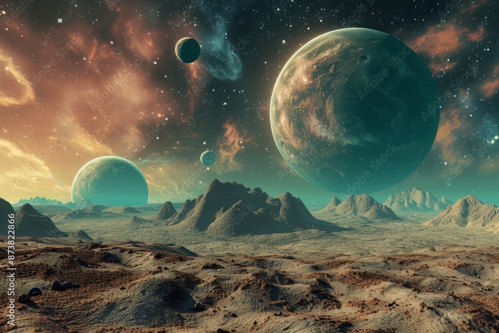 Aufkleber artists rendition of alien planets with several moons visible in the sky, an alien planet with multi