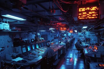 A large room packed with numerous computers buzzing with activity, An aircraft carrier interior bustling with activity as crew members work on flight decks and operate radar systems