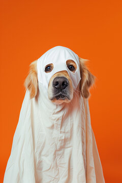 Funny cute Golden Retriever dog puppy dressed up in ghost costume, celebrating tradition, vibrant orange background. Halloween card with copy space.