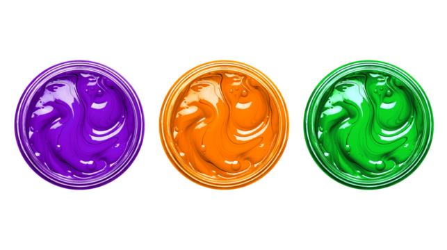 Container with purple, orange, and green gouache paint, isolated on a white background jar with cyan paint, Top view. Generative ai.