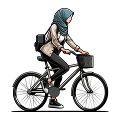 Obraz premium Cartoon woman wearing a hijab and riding a bicycle, representing fitness and active lifestyle.