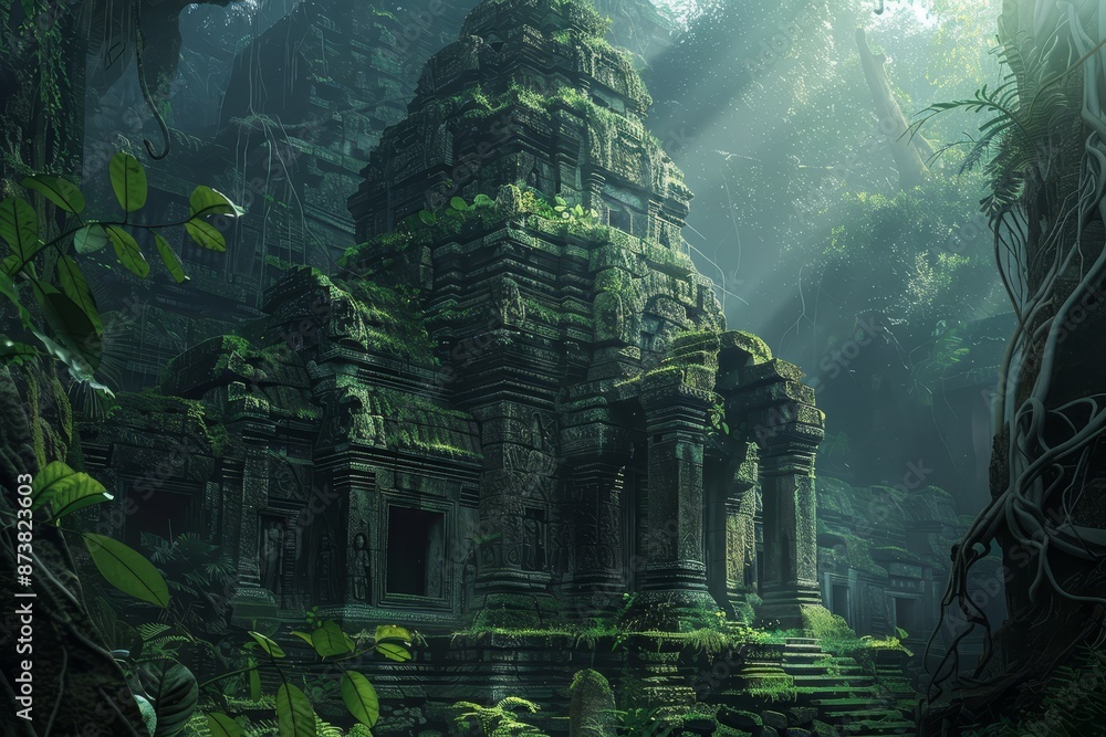 Poster a building stands in the heart of a dense jungle, surrounded by lush greenery and towering trees, an