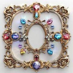 a gold frame with colorful gems and diamonds on a transparent background  " ai generated "