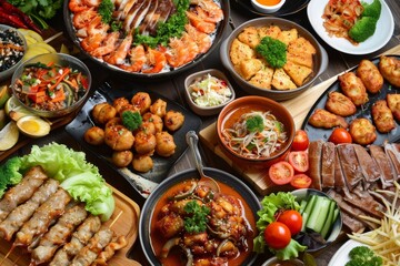 Fototapeta premium A variety of delicious food items covering a table, offering options for every taste preference, An array of mouthwatering options for every craving
