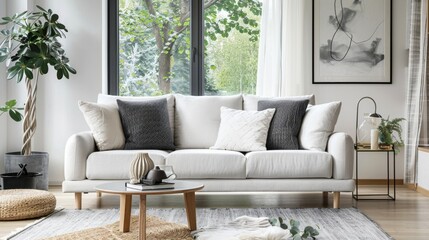 Fototapeta premium Scandinavian living rooms embody simplicity, functionality, and comfort, featuring lots of white, light woods, and colorful accents through accessories. 