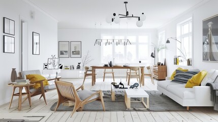 Scandinavian living rooms embody simplicity, functionality, and comfort. They feature white walls, light woods, and colorful accents for a bright, inviting atmosphere.
