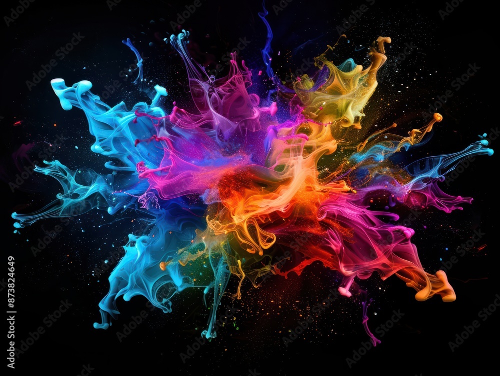 Poster abstract colorful explosion of neon ink on a black background. dynamic and bright display of colors 