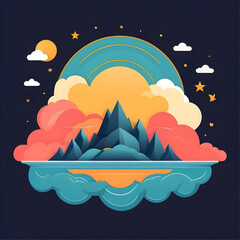 Dreamy Mountain Escape: A vibrant, stylized illustration featuring a mountain range nestled in fluffy clouds with a glowing sun and stars. The use of paper-like textures adds a whimsical touch