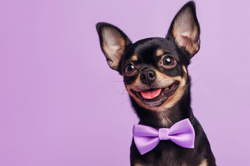 chihuahua puppy wearing a purple bow tie