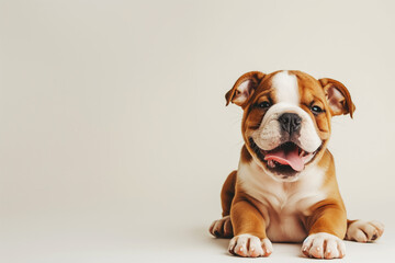 friendly english bulldog puppy, sitting on clean background