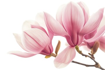 Obraz premium Close-up of blooming pink magnolia flowers against a clean white background. Perfect for botanical and nature-themed designs.
