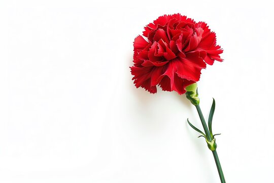 Single vibrant red carnation bloom with green stem isolated on a white background, symbolizing love and admiration.