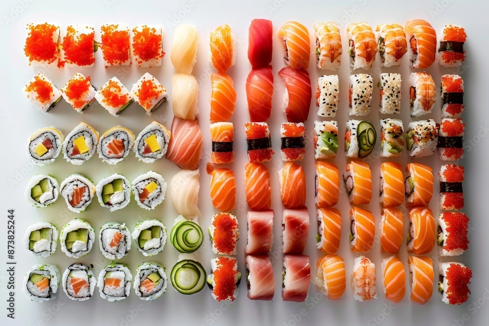 Poster assorted sushi on white surface, an artistic and creative collage of different types of sushi arrang