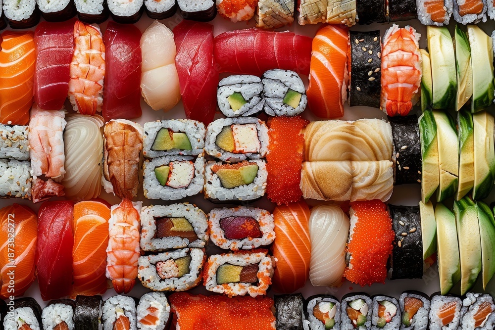 Poster various types of sushi are arranged in a display case, an artistic and creative collage of different